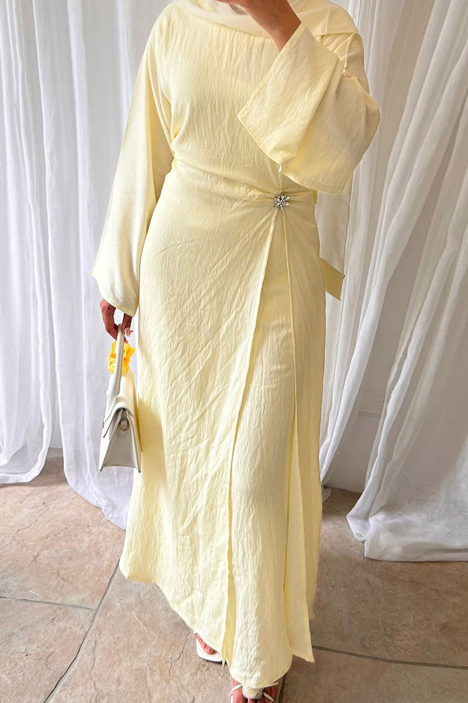 Velora Elegant Ruched Maxi Dress Abaya 1077 – Yellow