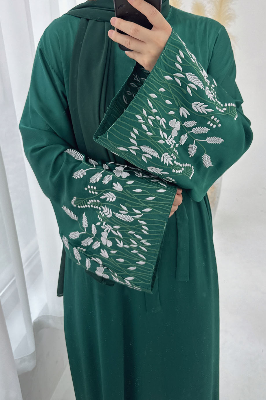 Seraya Leaf Embroidered Elegant Abaya Dress 769 – Dark Green