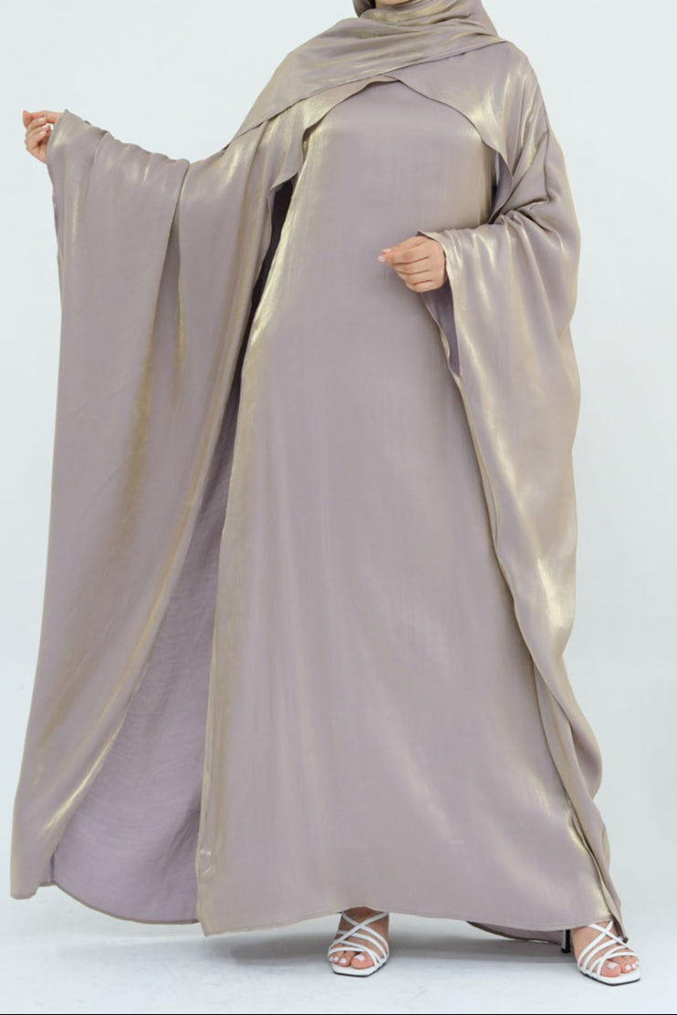 Solenne Pearl-Sheen Elegant Two-Piece Abaya 1028 – Champagne Taupe