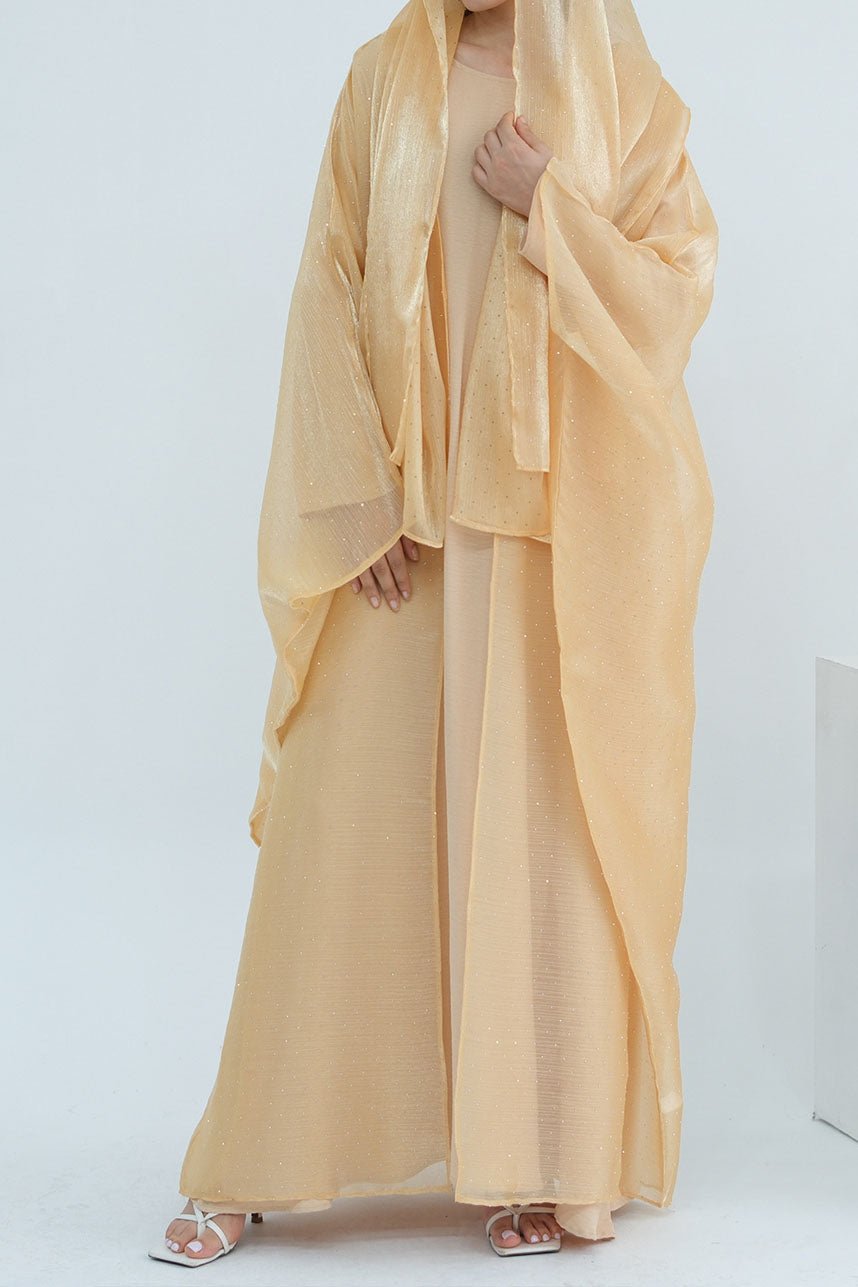 Luminous Sparkle-Drape Elegant Open Abaya 1026 – Khaki