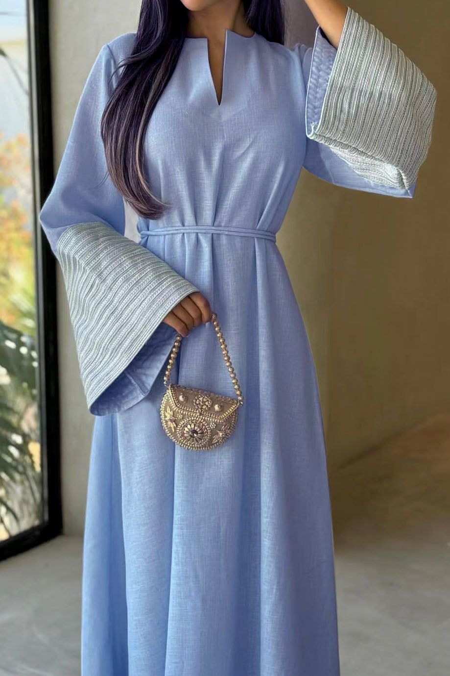 Eloria V-Neck Embroidered Elegant Abaya Dress 813 –  Blue