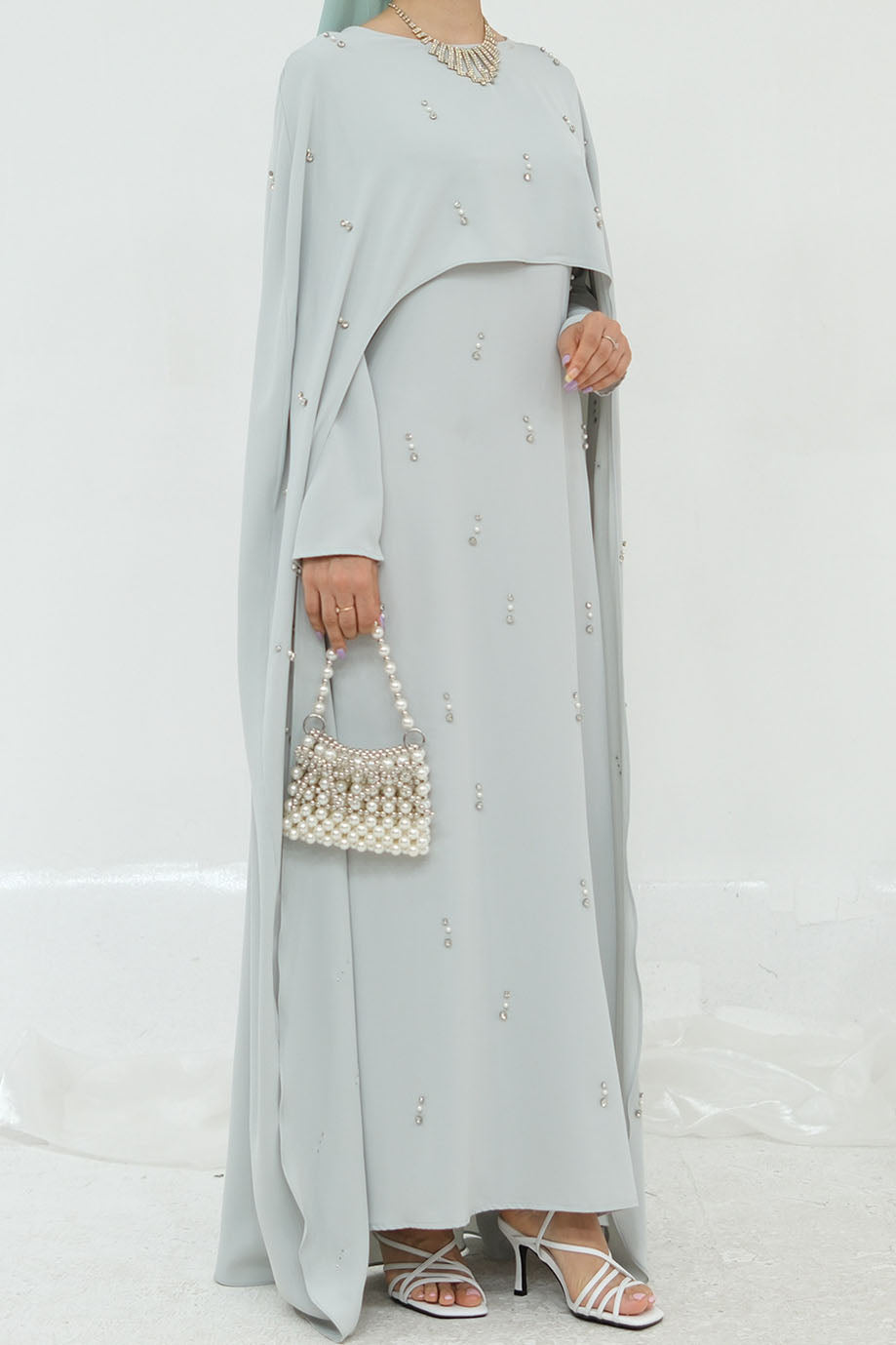 Aureya Solid Crystal-Embellished Faux Two-Piece Abaya 997 –Light Grey