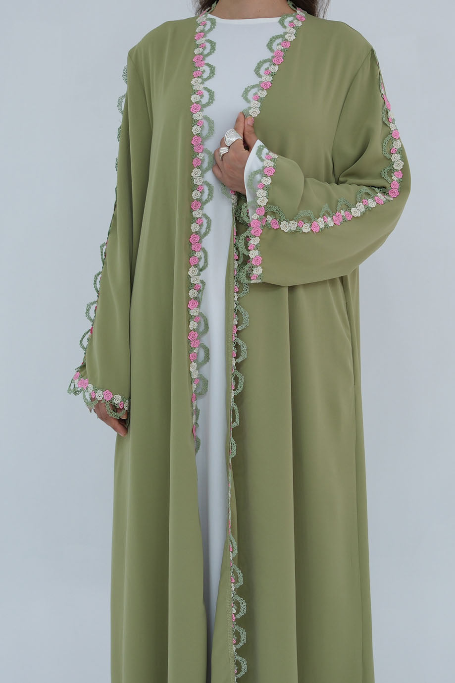 Mirage Embroidered Open Abaya Cardigan 1079 – Olive Green