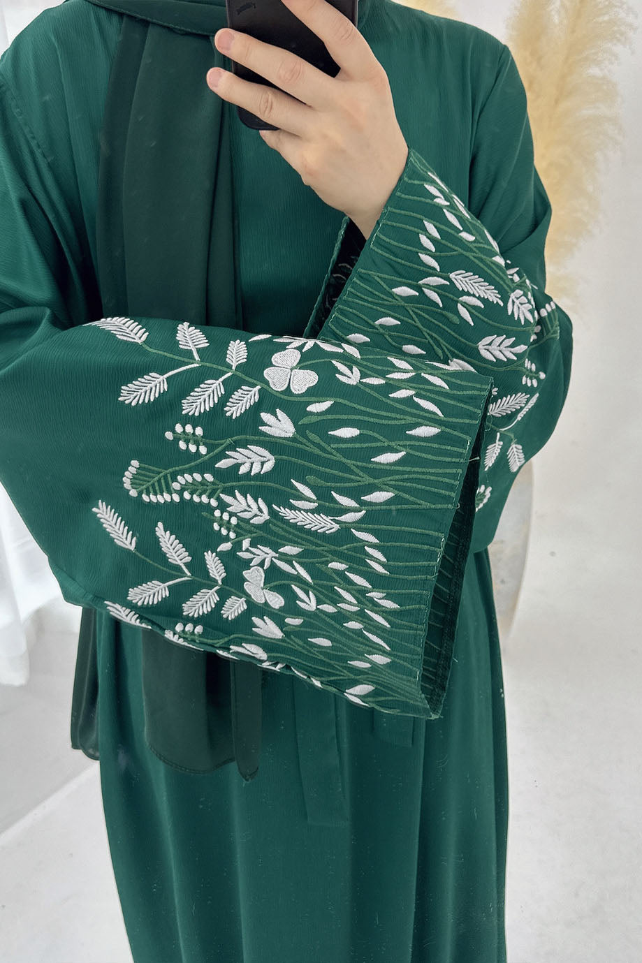 Seraya Leaf Embroidered Elegant Abaya Dress 769 – Dark Green