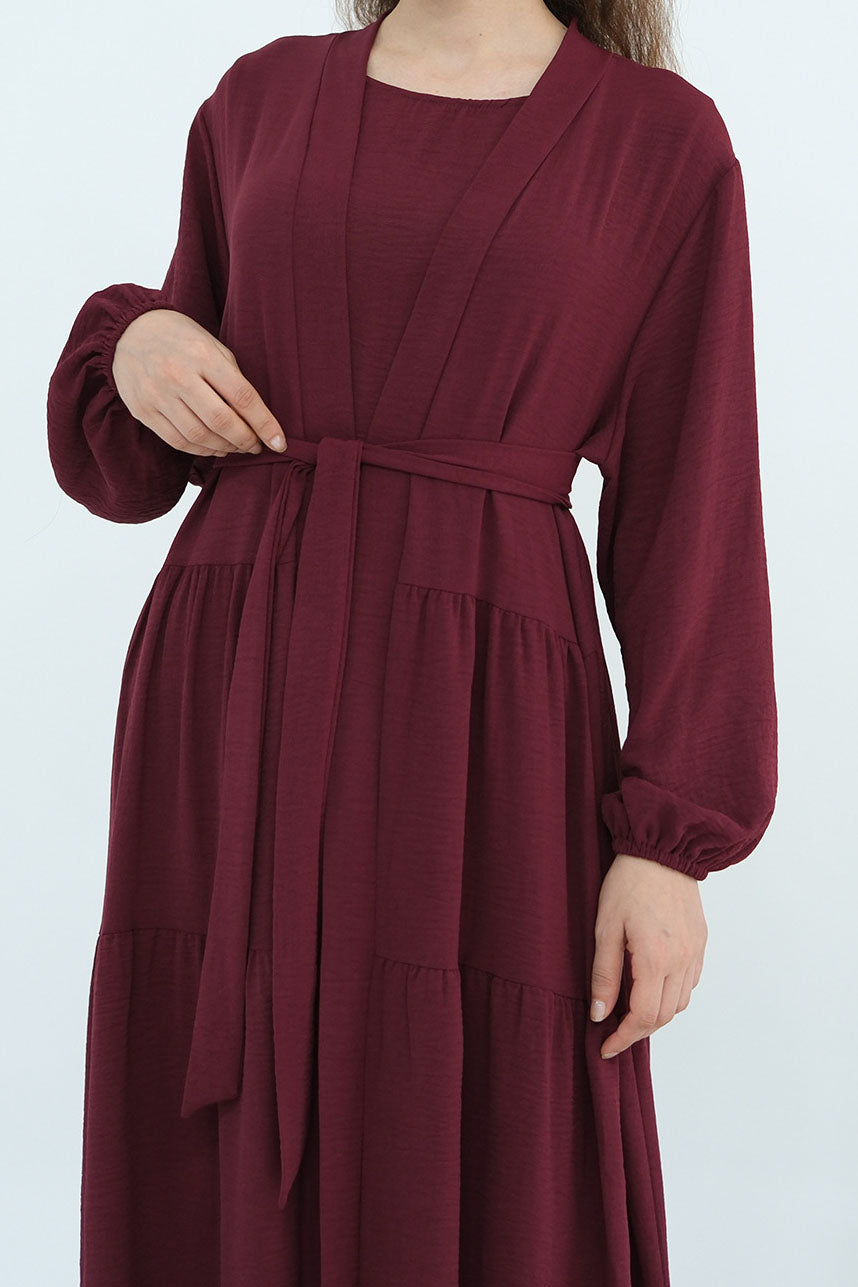 Edenveil Open Abaya & Sleeveless Dress Set 1018 – Burgundy