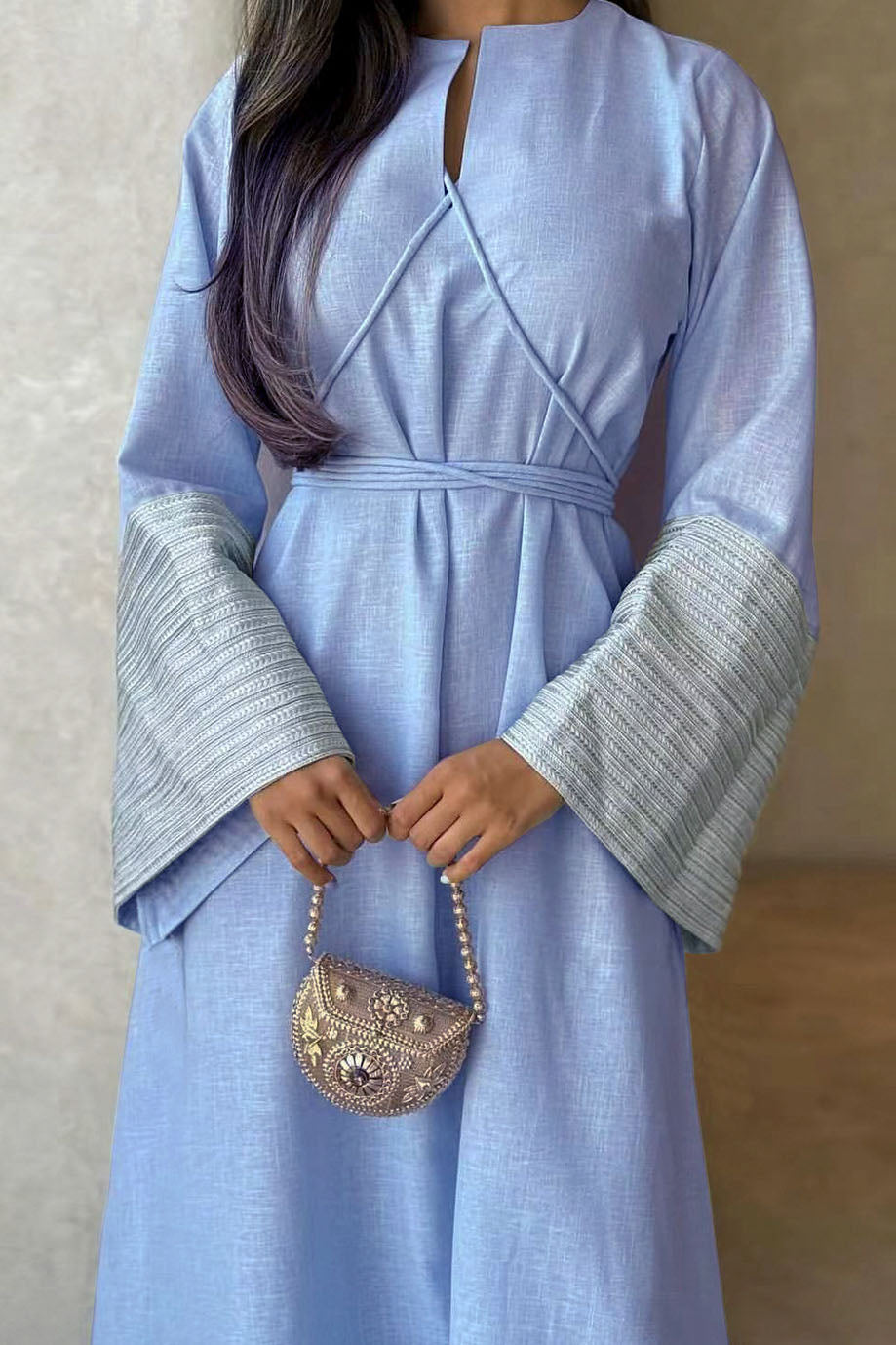 Eloria V-Neck Embroidered Elegant Abaya Dress 813 –  Blue