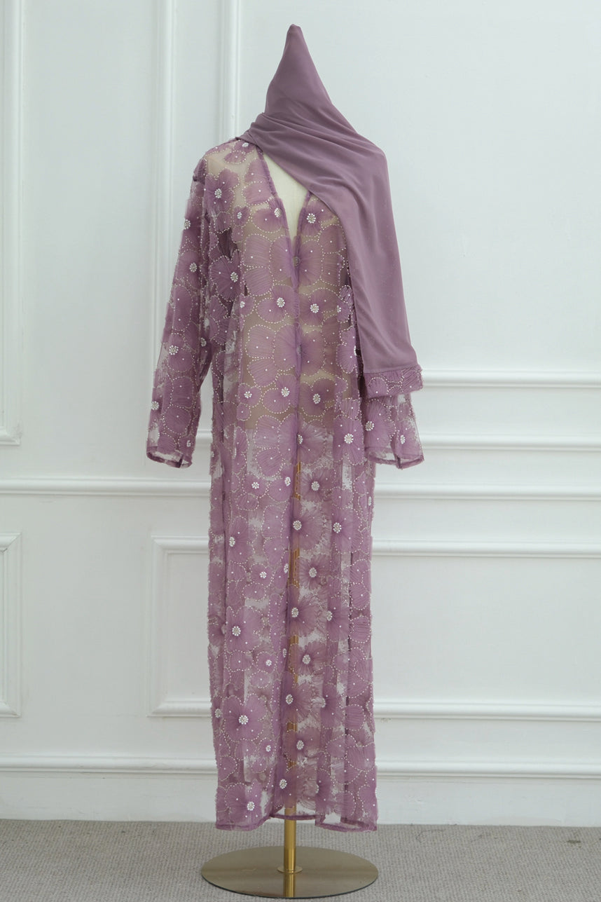 Auralis 3D Floral Beaded Mesh Open Abaya 1069 – Deep Purple