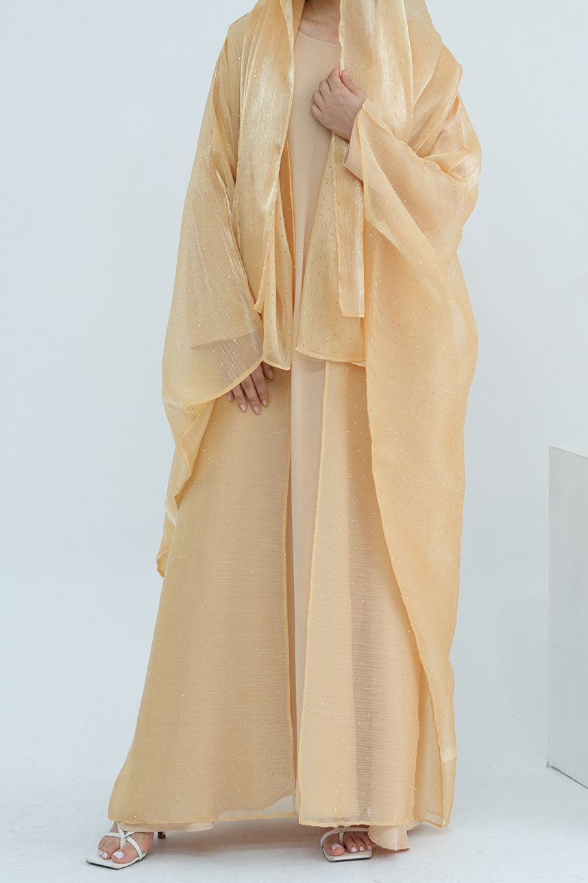 Luminous Sparkle-Drape Elegant Open Abaya 1026 – Khaki