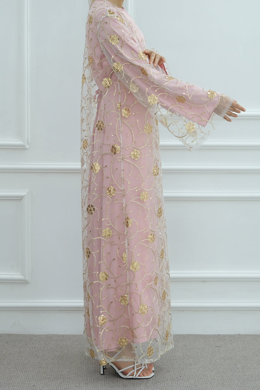 Lunis Gold-Embroidered Floral Open Abaya 1070 – Pink