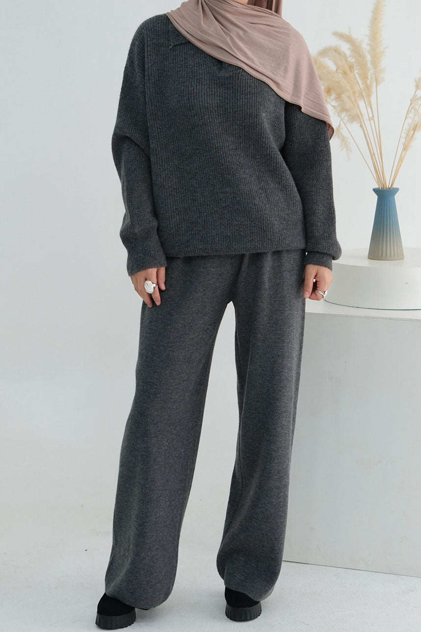 Monara Collared Thick-Knit Two-Piece Modest Set 008 – Dark Gray