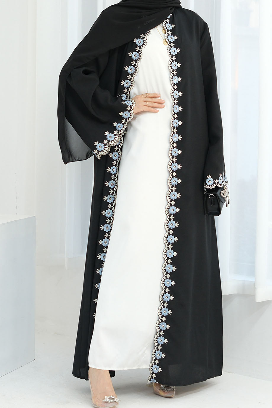Elysia Floral Embroidered Open Abaya 909 – Black