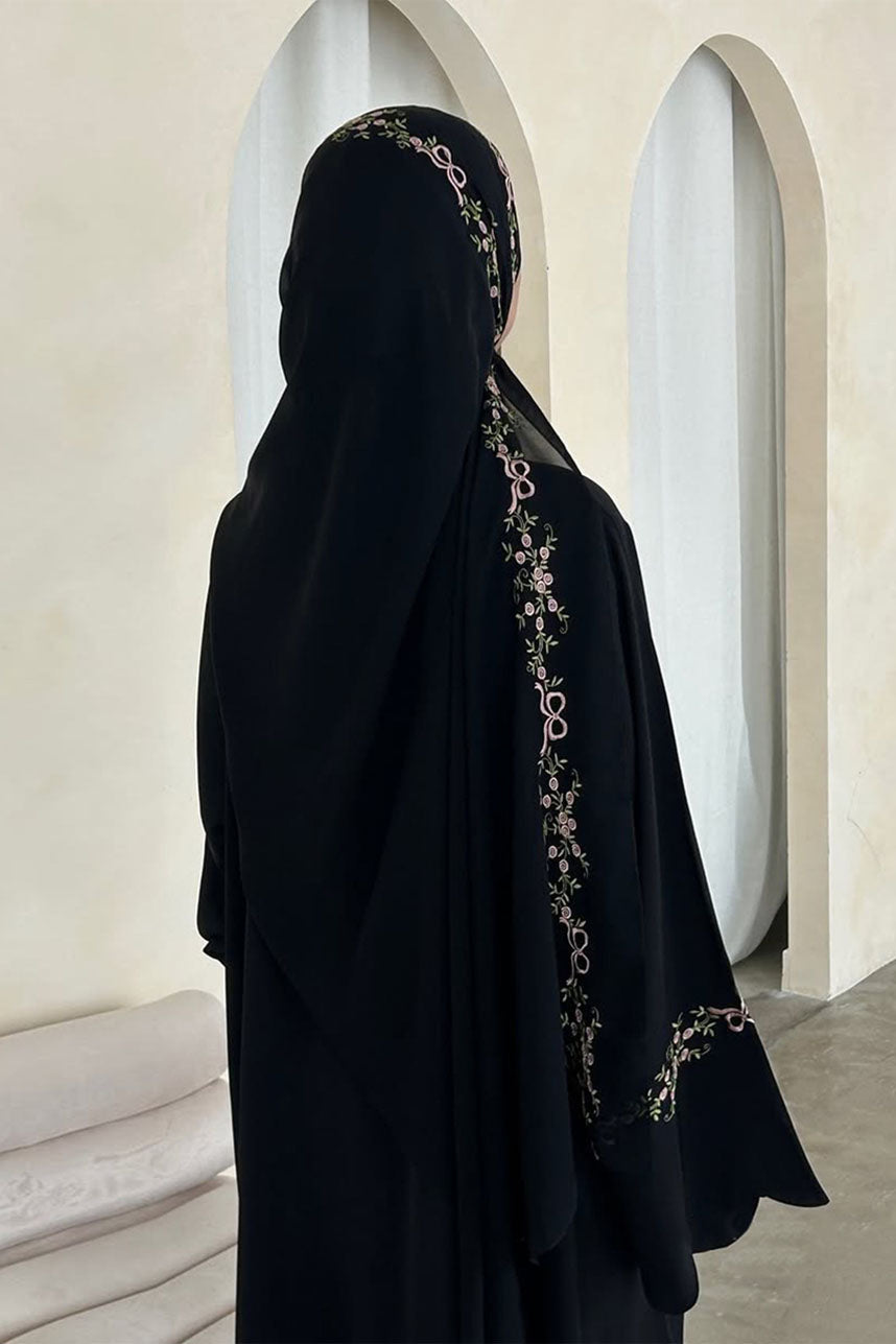 Aurora Floral-Embroidered Elegant Open Abaya 1068 – Black