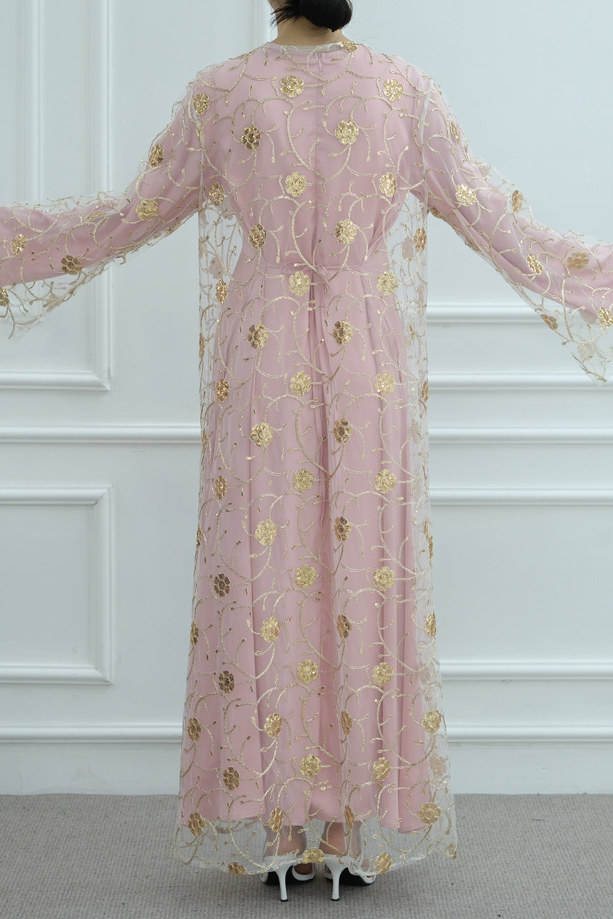 Lunis Gold-Embroidered Floral Open Abaya 1070 – Pink