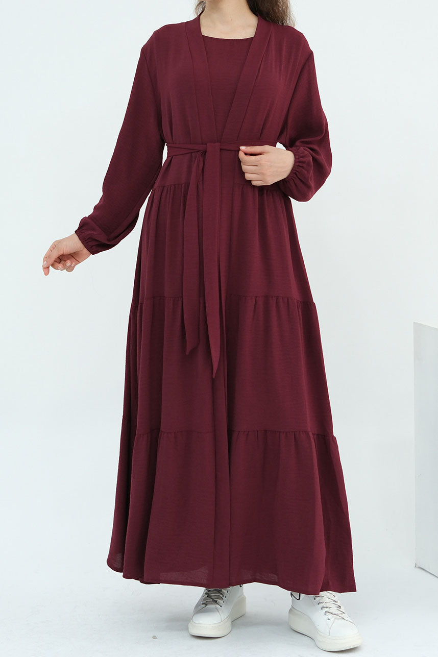 Edenveil Open Abaya & Sleeveless Dress Set 1018 – Burgundy