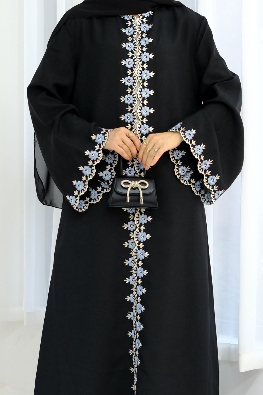 Elysia Floral Embroidered Open Abaya 909 – Black