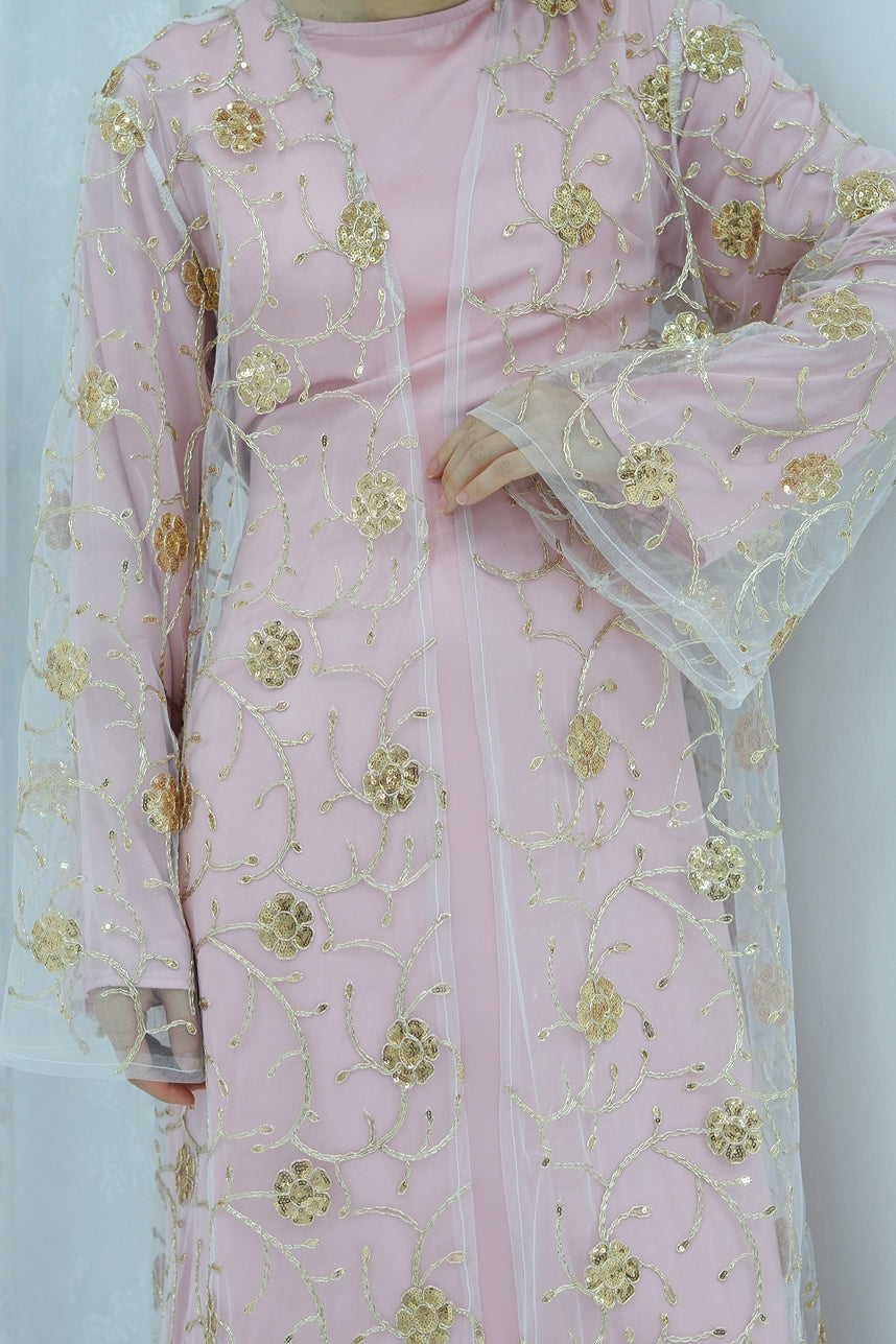 Lunis Gold-Embroidered Floral Open Abaya 1070 – Pink