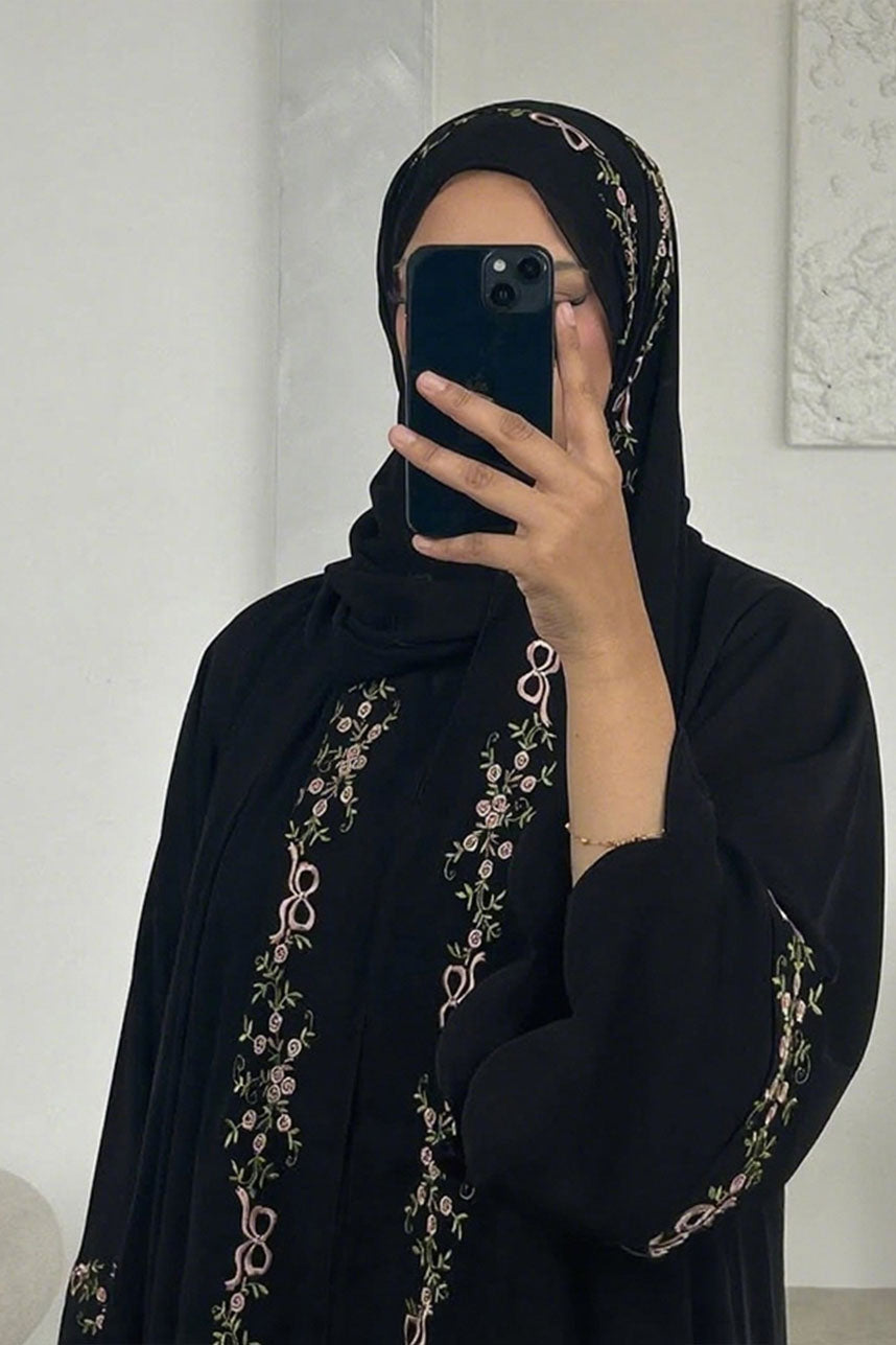 Aurora Floral-Embroidered Elegant Open Abaya 1068 – Black