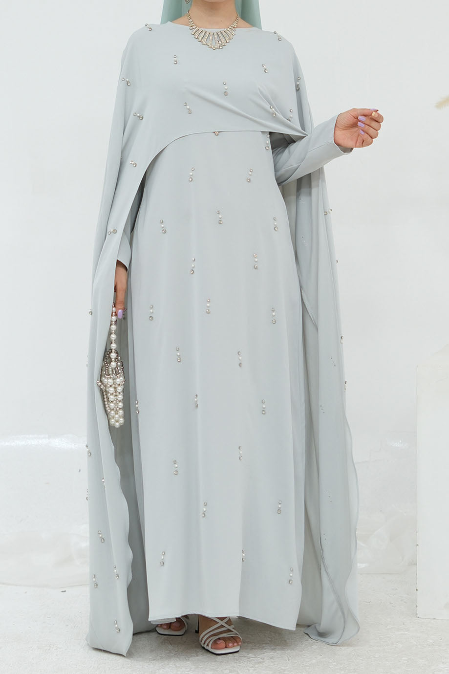 Aureya Solid Crystal-Embellished Faux Two-Piece Abaya 997 –Light Grey