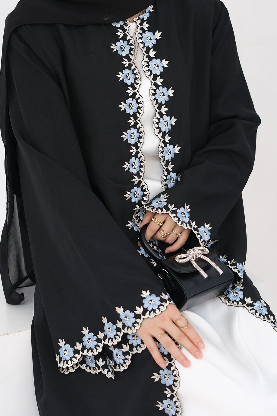 Elysia Floral Embroidered Open Abaya 909 – Black