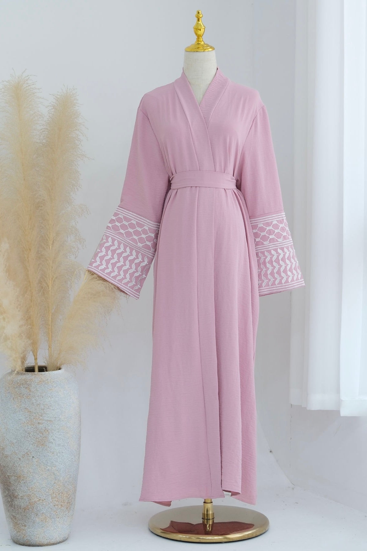 Insha Keffiyeh Inspired Peace Dove Pattern Embroidery Modest Open Abaya with belt 776-Pink