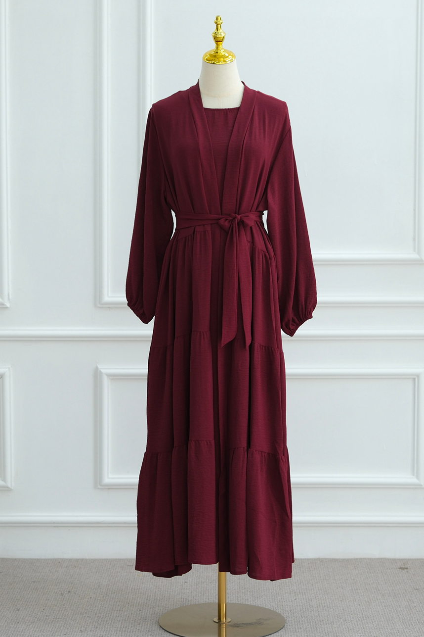 Edenveil Open Abaya & Sleeveless Dress Set 1018 – Burgundy