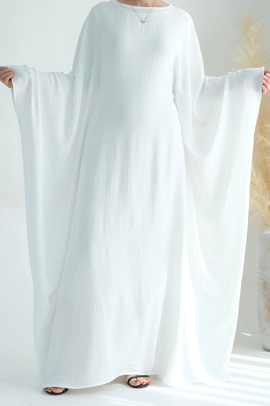 Badia Waist-Cinching Batwing Butterfly Sleeve Maxi Dress Kaftan Abaya 695-White