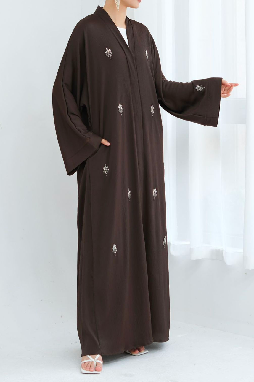 Coral Beaded-Motif Tie-Belt Open Abaya 829 – Coffee Brown