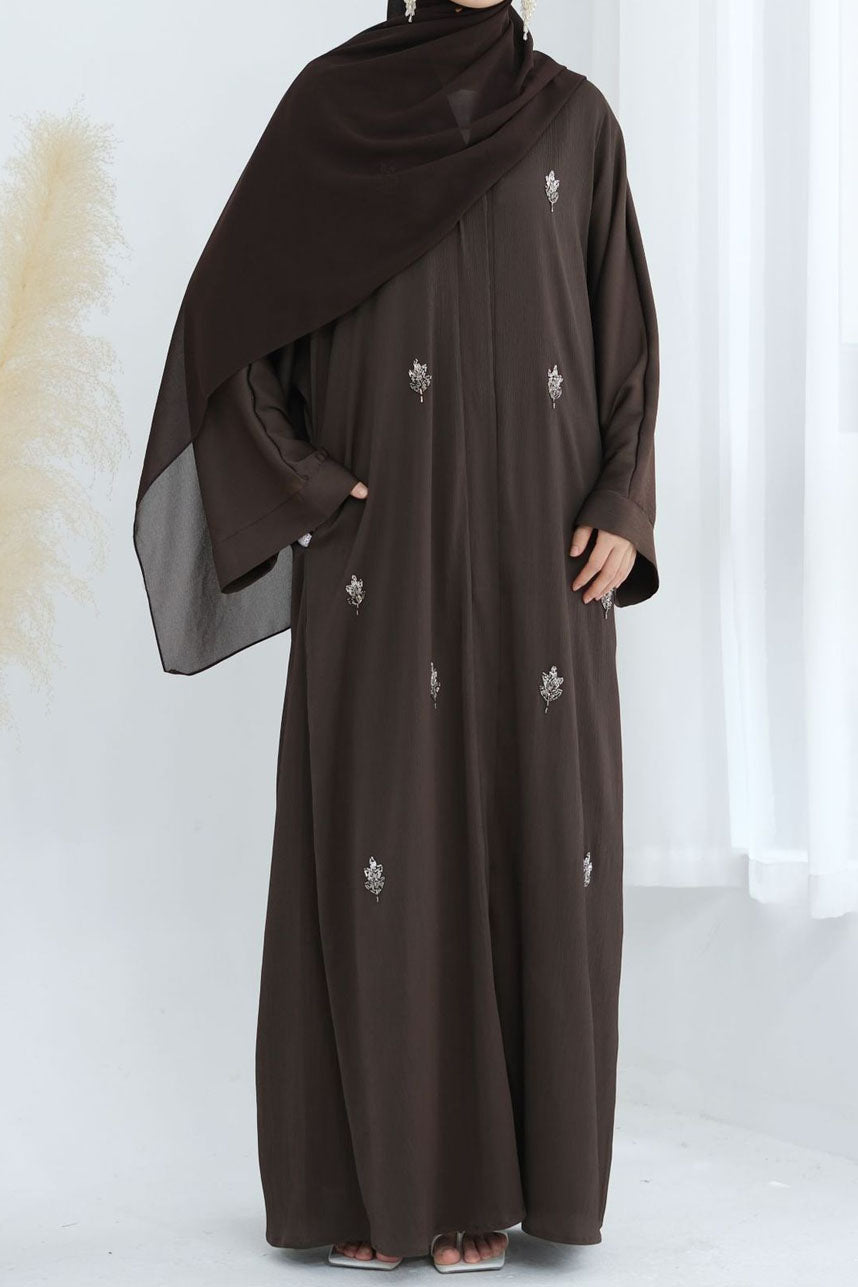 Coral Beaded-Motif Tie-Belt Open Abaya 829 – Coffee Brown