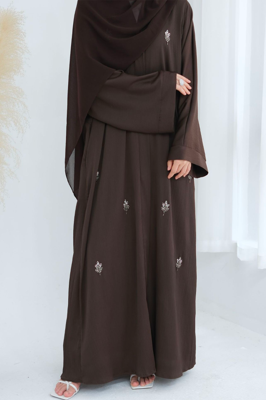 Coral Beaded-Motif Tie-Belt Open Abaya 829 – Coffee Brown