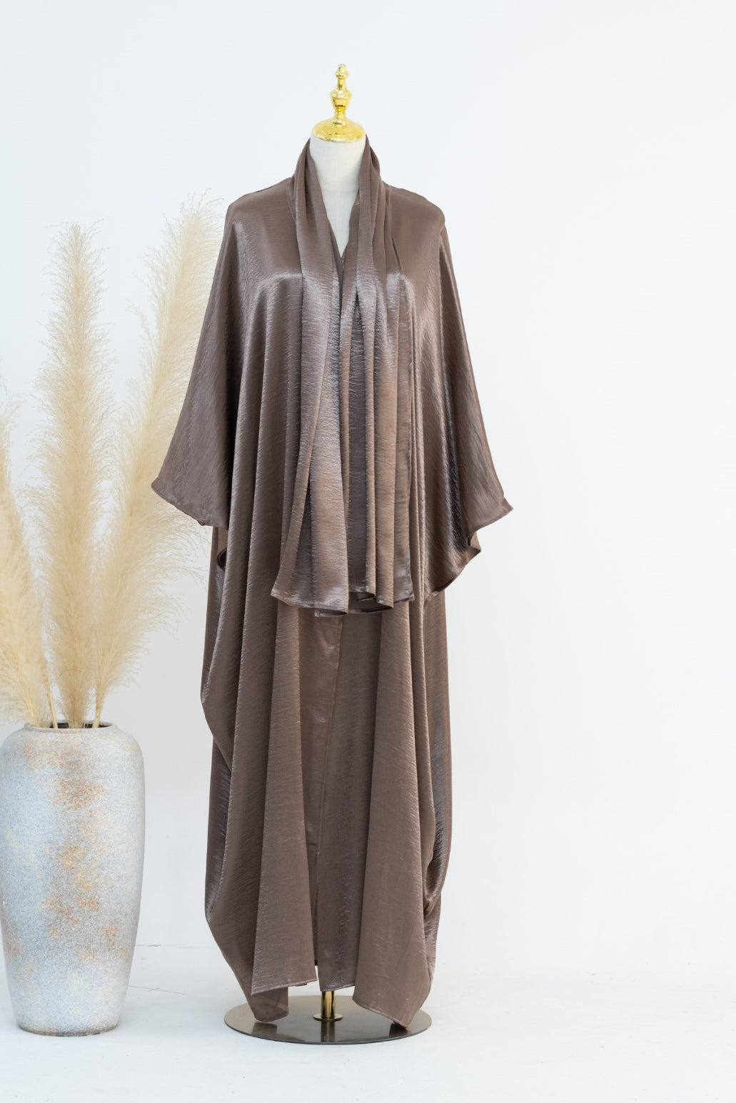 Syntia Shiny Satin Modest Open Abaya 636 - Coffee - Meliza