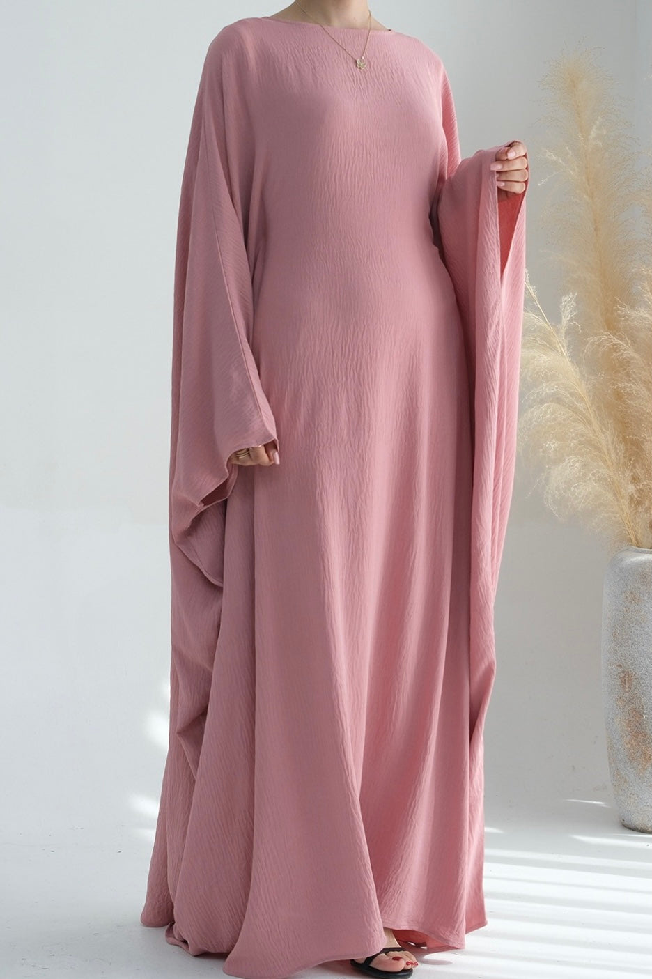 Badia Waist-Cinching Batwing Butterfly Sleeve Maxi Dress Kaftan Abaya 695-Pink