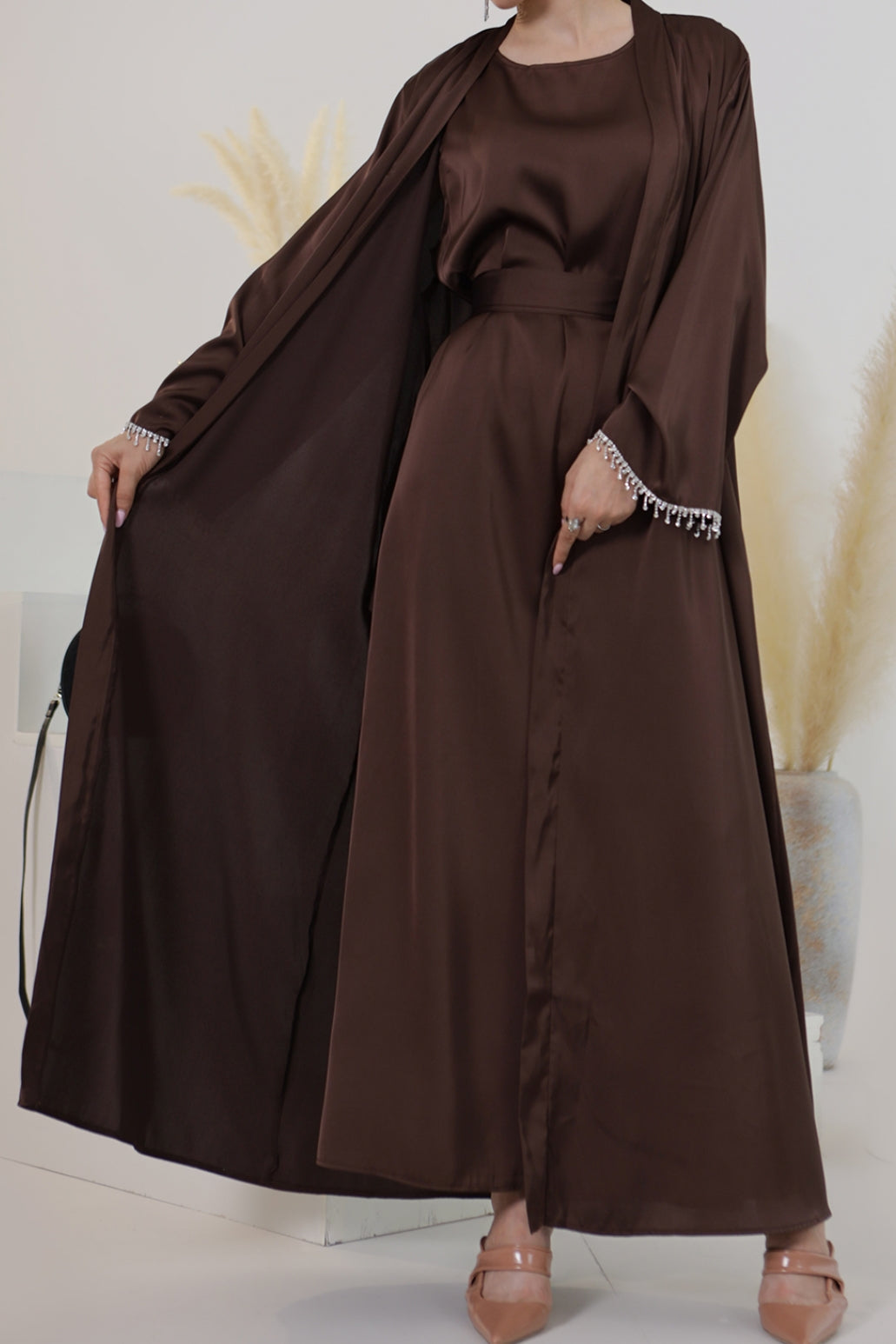 Luna 2PCS Crystal Beads Sleeves Satin Abaya Set with Crystal Chain - Coffee - Meliza