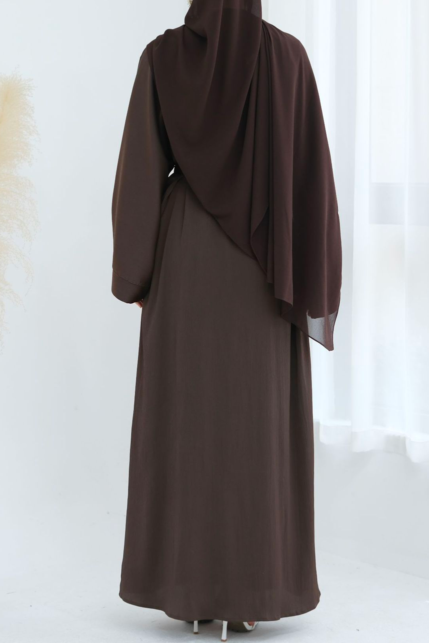 Coral Beaded-Motif Tie-Belt Open Abaya 829 – Coffee Brown