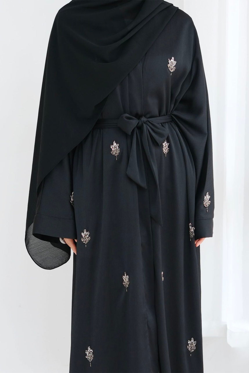 Coral Beaded-Motif Tie-Belt Open Abaya 829 – Black