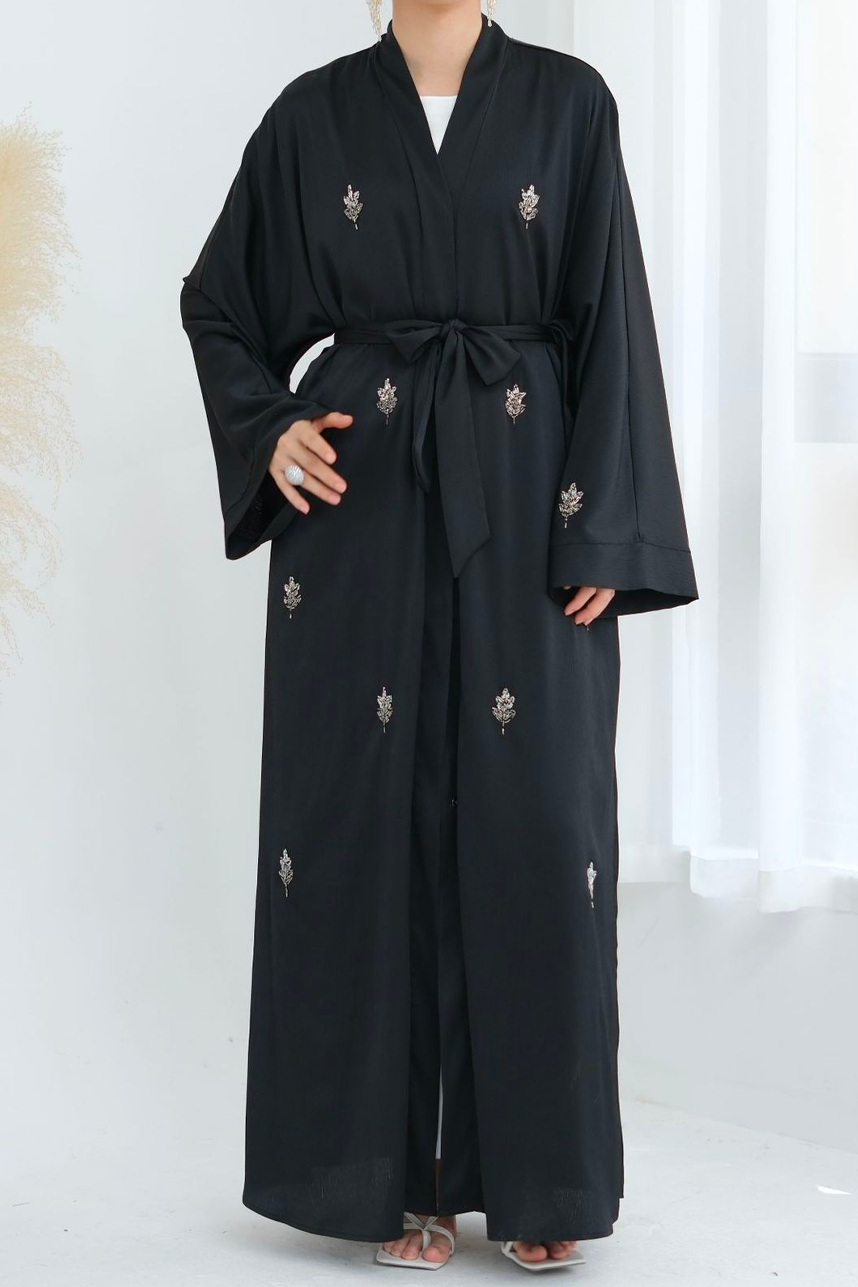 Coral Beaded-Motif Tie-Belt Open Abaya 829 – Black