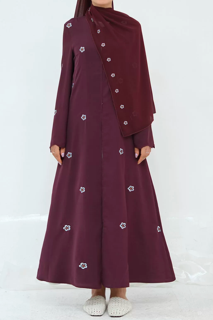 Goldfiligree Floral-Embroidered Open Abaya 1027 – Burgundy