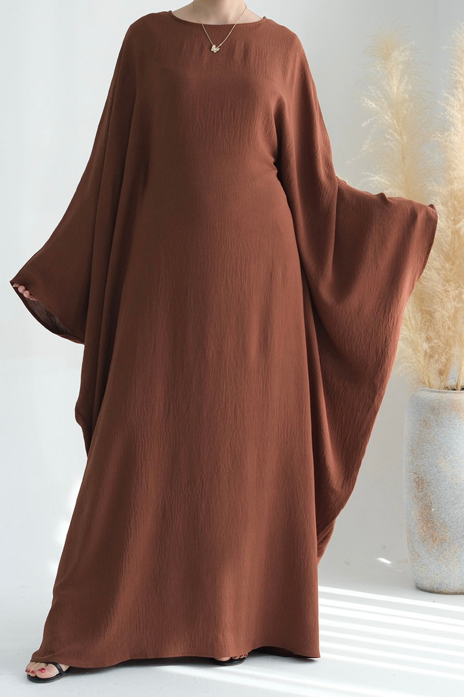 Badia Waist-Cinching Batwing Butterfly Sleeve Maxi Dress Kaftan Abaya 695-Coffee