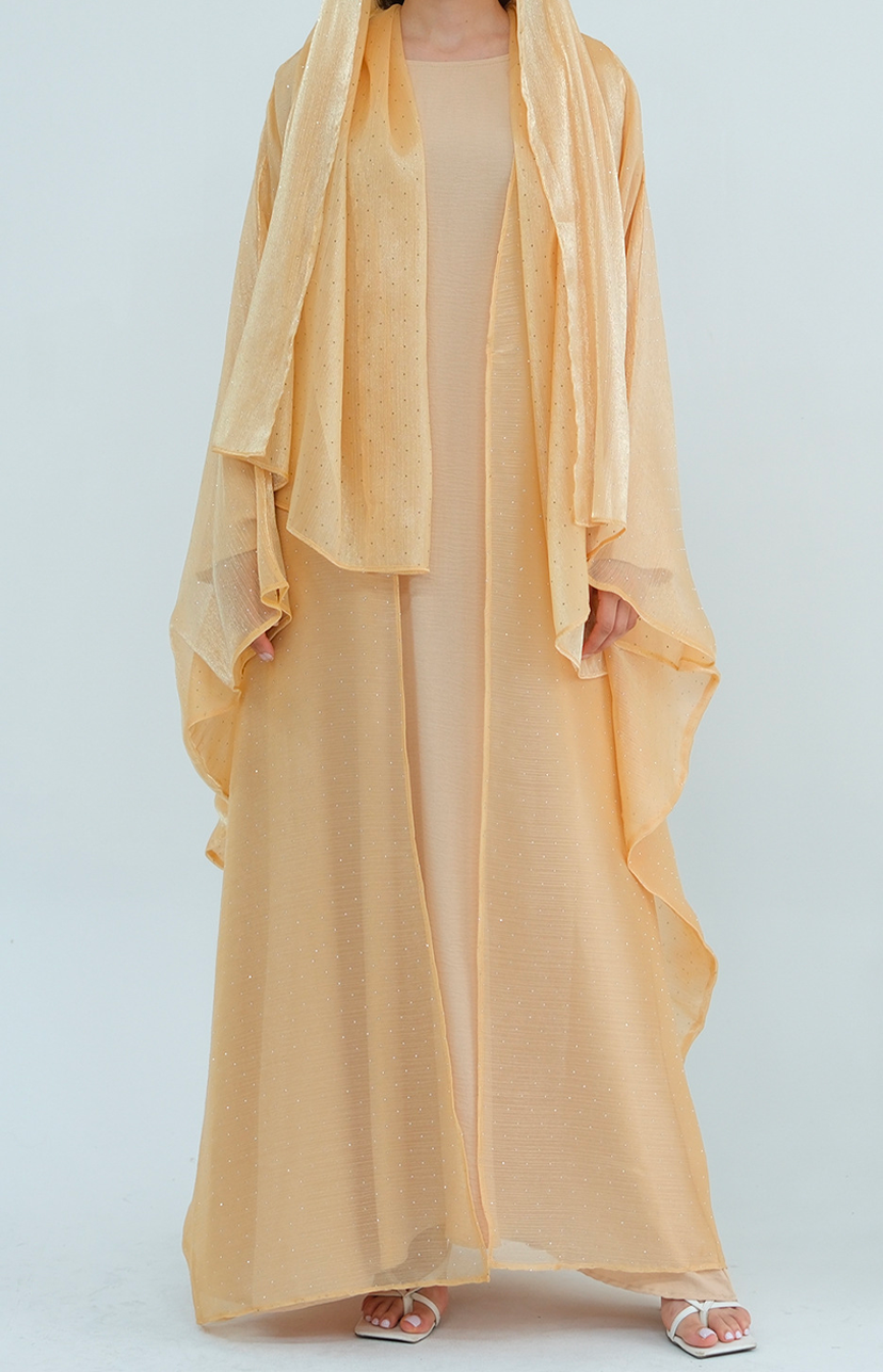 Luminous Sparkle-Drape Elegant Open Abaya 1026 – Khaki