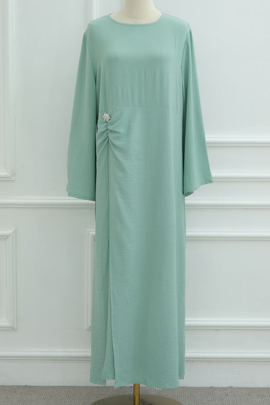 Velora Elegant Ruched Maxi Dress Abaya 1077 – Green