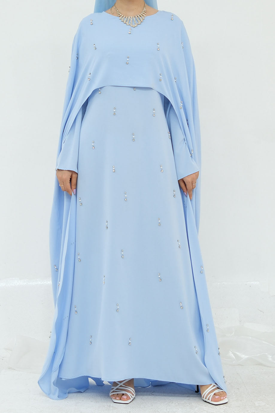 Aureya Solid Crystal-Embellished Faux Two-Piece Abaya 997 –Blue