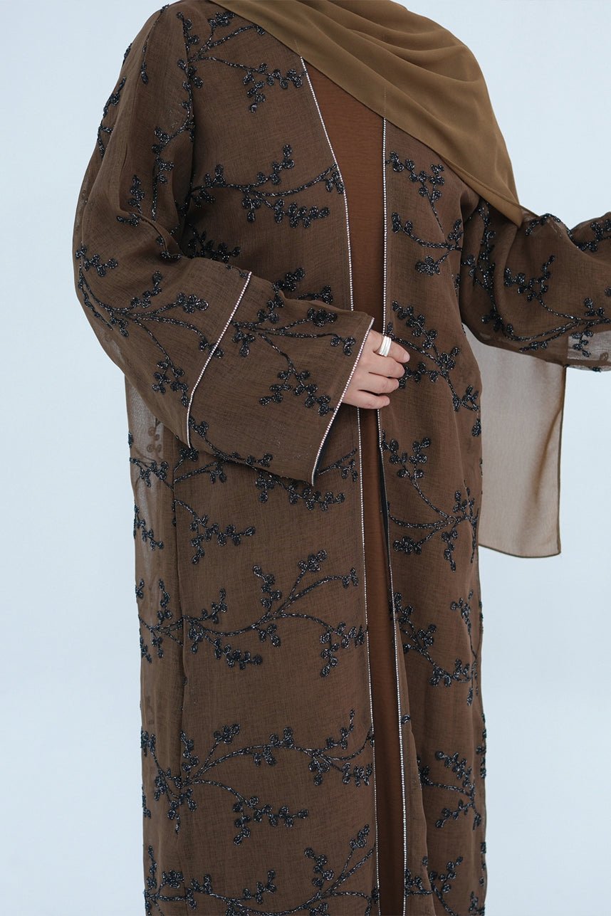 Meadowe Full Embroidered Mesh Open Abaya 1075 – Brown