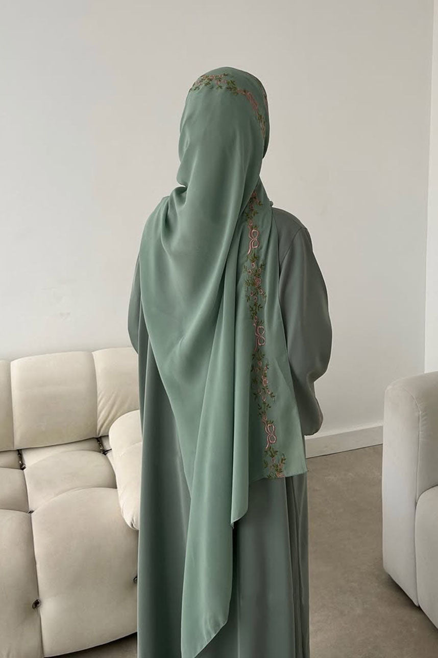 Aurora Floral-Embroidered Elegant Open Abaya 1068 – Green