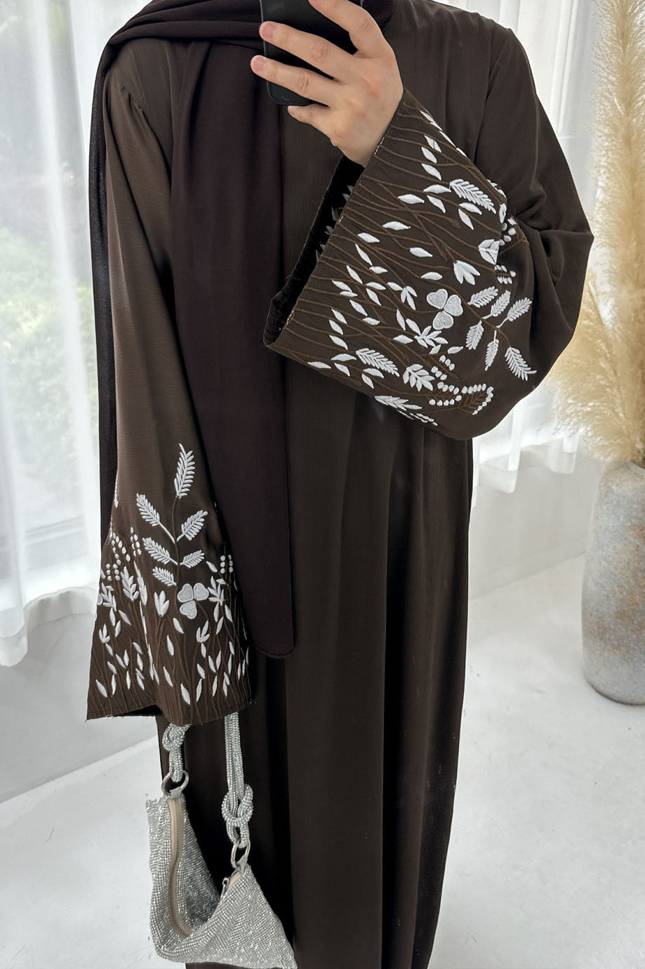 Seraya Leaf Embroidered Elegant Abaya Dress 769 – Brown
