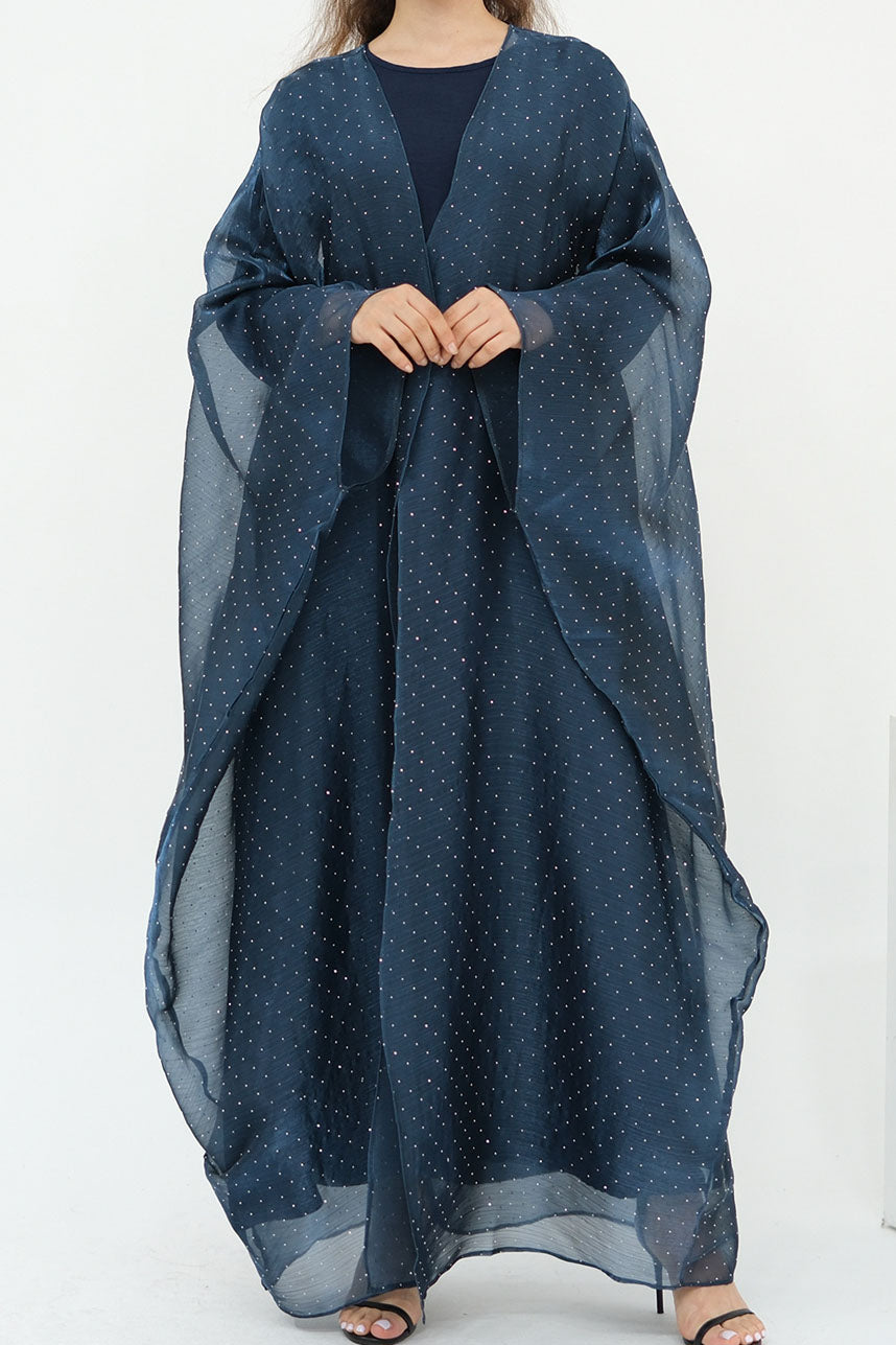 Luminous Sparkle-Drape Elegant Open Abaya 1026 – Navy Blue