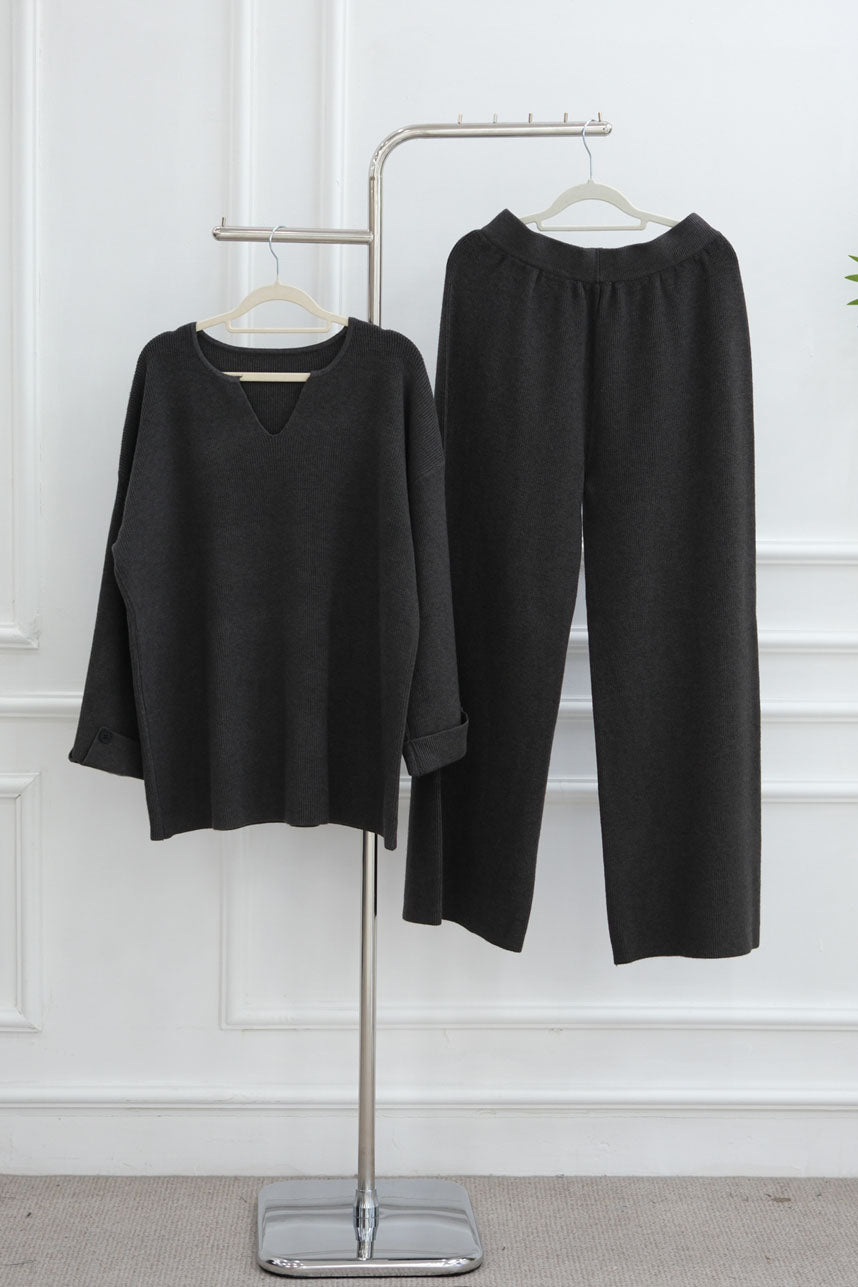 Terra Keyhole V-Neck Thick-Knit Two-Piece Modest Set WDM006 – Gray