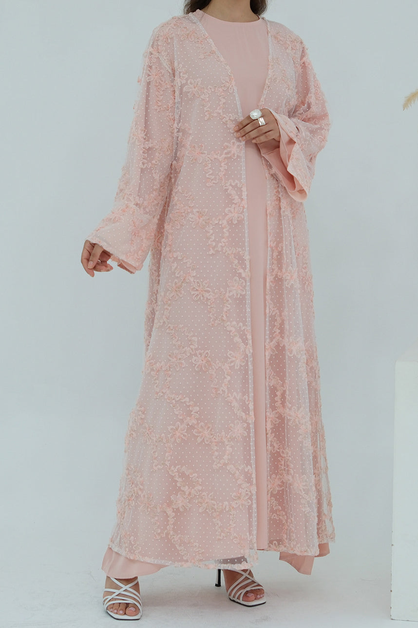 Vionne 3D Floral Mesh Open Abaya 1074 – Pink