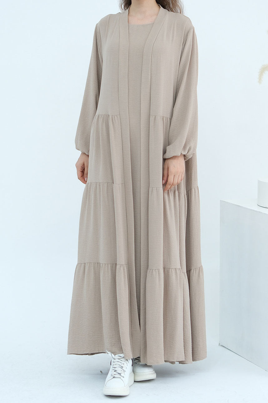 Edenveil Open Abaya & Sleeveless Dress Set 1018 – Desert Taupe