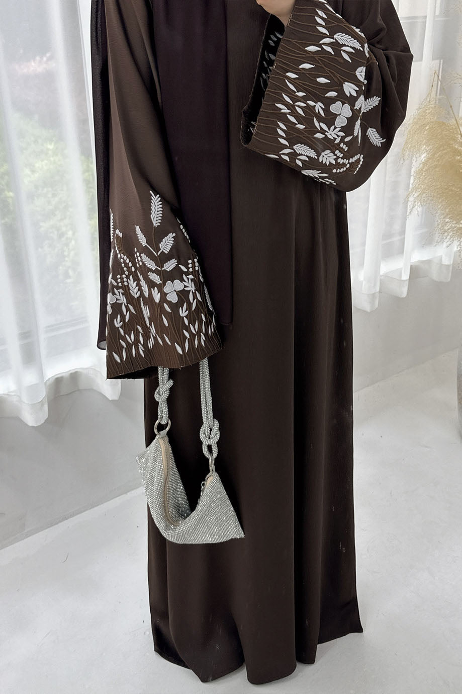 Seraya Leaf Embroidered Elegant Abaya Dress 769 – Brown