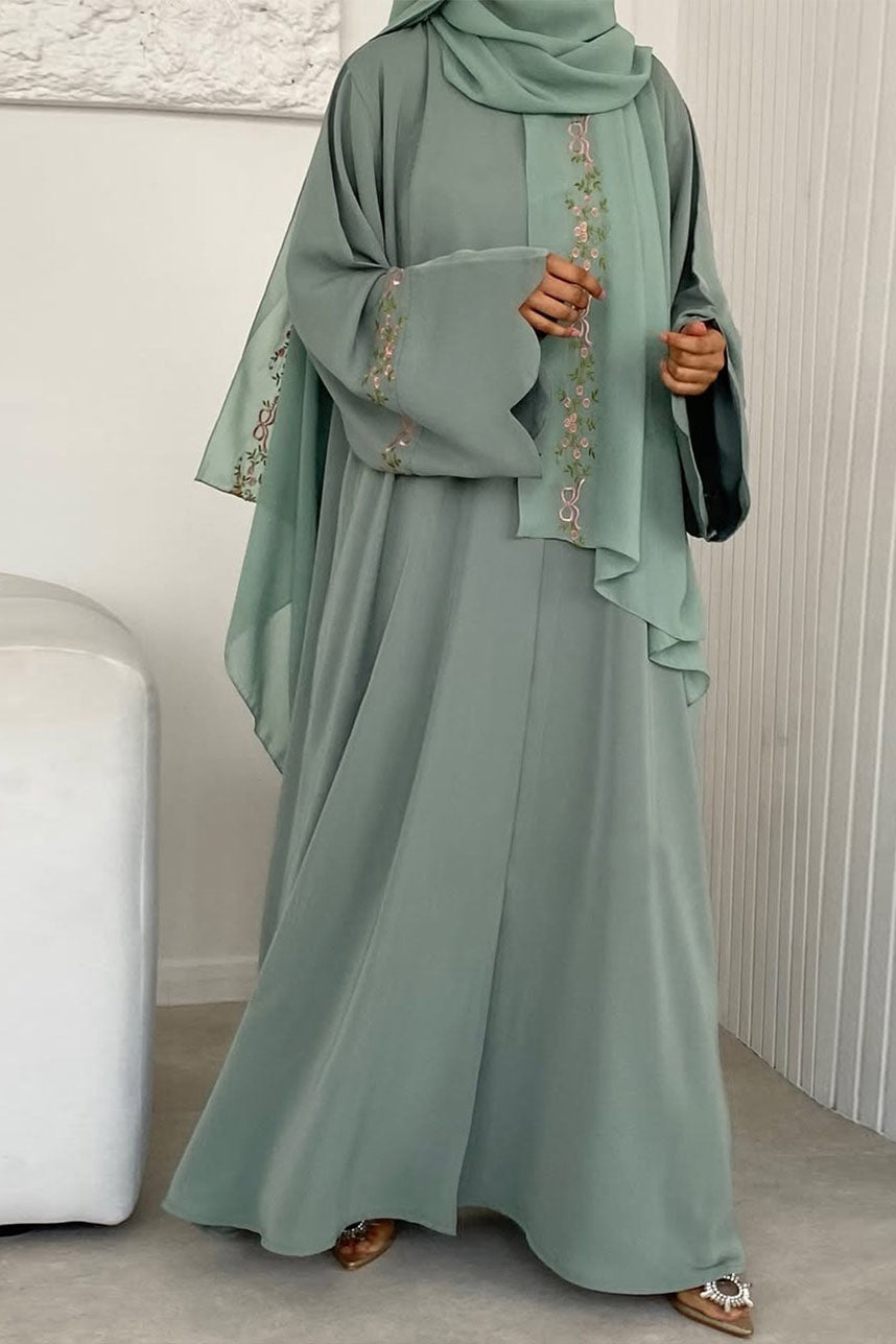 Aurora Floral-Embroidered Elegant Open Abaya 1068 – Green