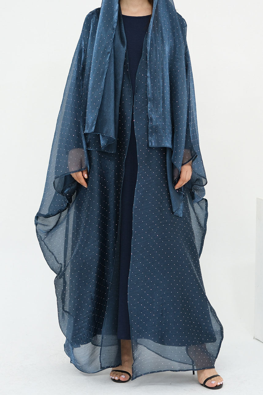 Luminous Sparkle-Drape Elegant Open Abaya 1026 – Navy Blue